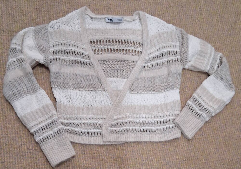 Zara womens small alpaca wool cropped sweater cardigan beige oatmeal soft euc